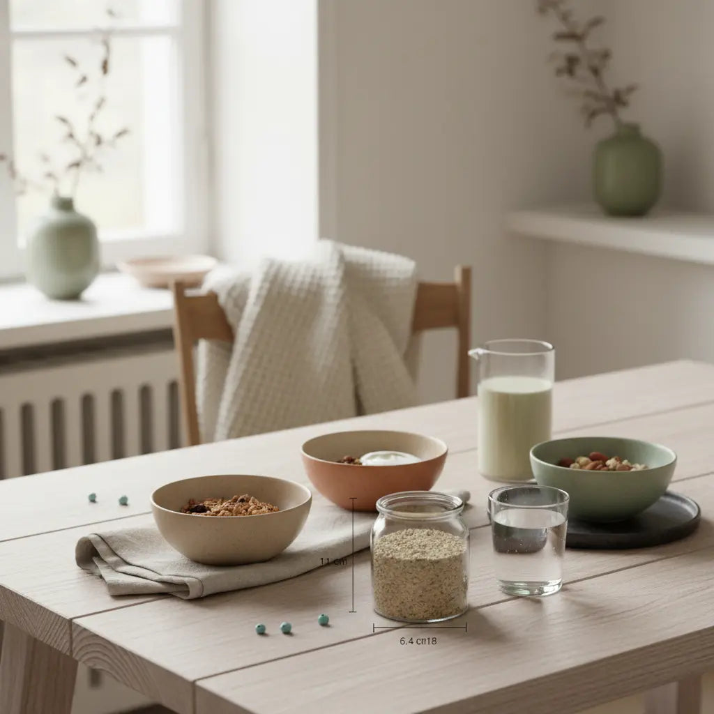 Minimalistisches Frühstück in europäischer Küche mit Granola, veganem Joghurt, Nüssen und Shake auf nachhaltigem Tisch, pflanzliche eiweißquelle, sanftes Morgenlicht.