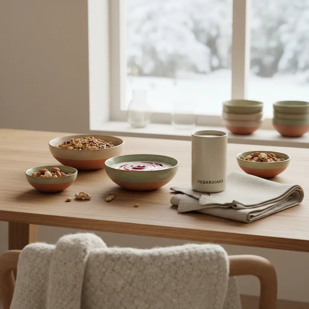 Minimalistisches veganes Frühstück mit Granola, pflanzlichem Joghurt, Nüssen und Shake in einer europäischen Küche im Morgenlicht — pflanzliche eiweißquellen