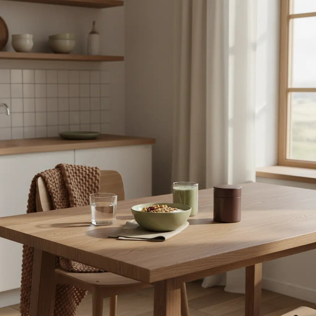 Minimalistisches Frühstück mit Granola, pflanzlichem Joghurt, Nüssen und Shake auf nachhaltigem Holztisch – pflanzliche eiweißquellen im ruhigen Morgenlicht.