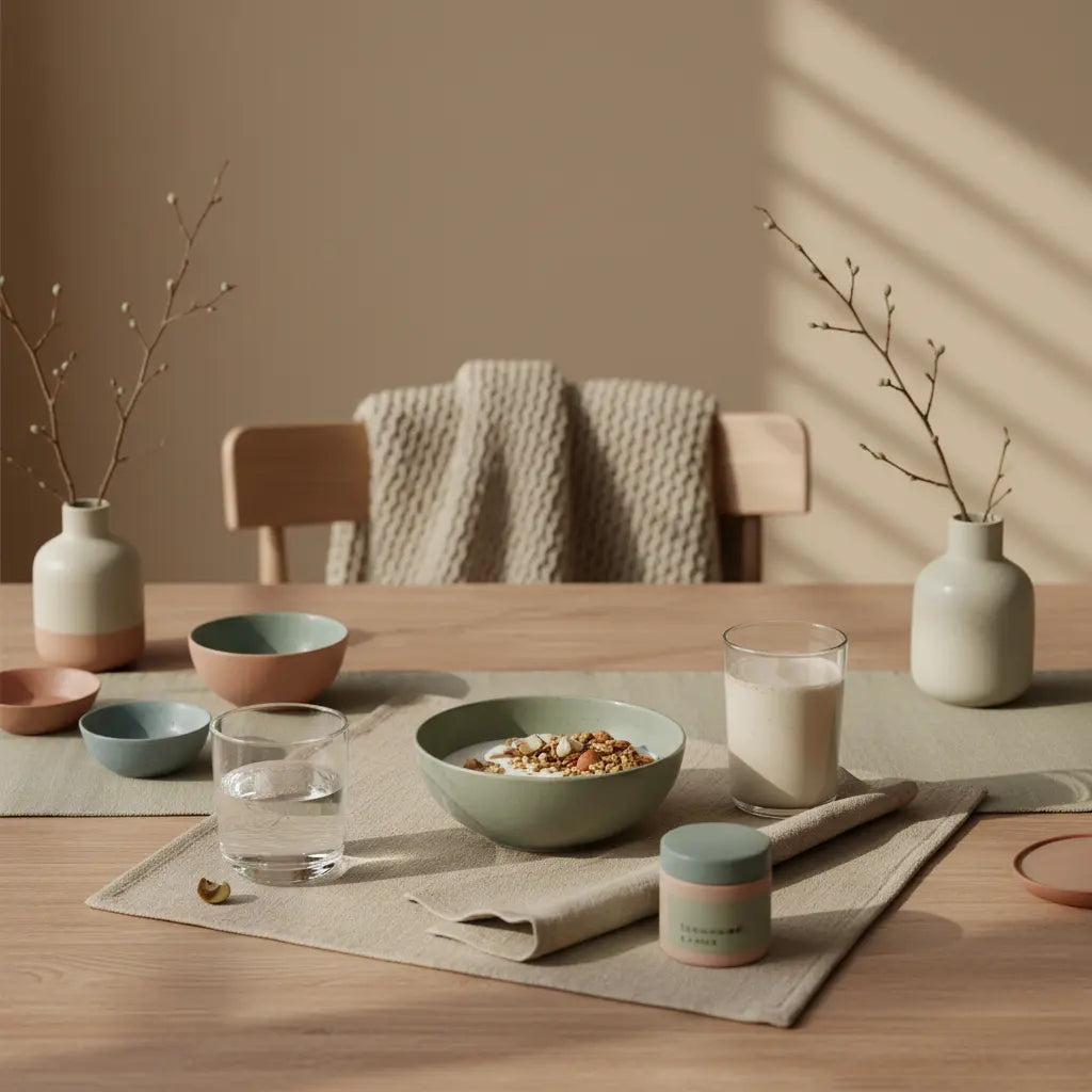 Minimalistisches Frühstück mit Granola, pflanzlichem Joghurt, Nüssen und Shake in einer europäischen Küche – ruhige Szene zur pflanzlichen Ernährung.