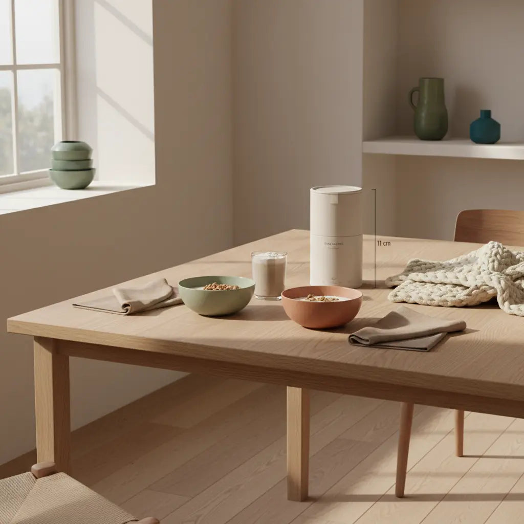 Minimalistisches Frühstück mit Granola, pflanzlichem Joghurt, Nüssen und Shake auf einem nachhaltig gedeckten Tisch in europäischer Küche im Morgenlicht — Fokus auf pflanzliche Ernährung.
