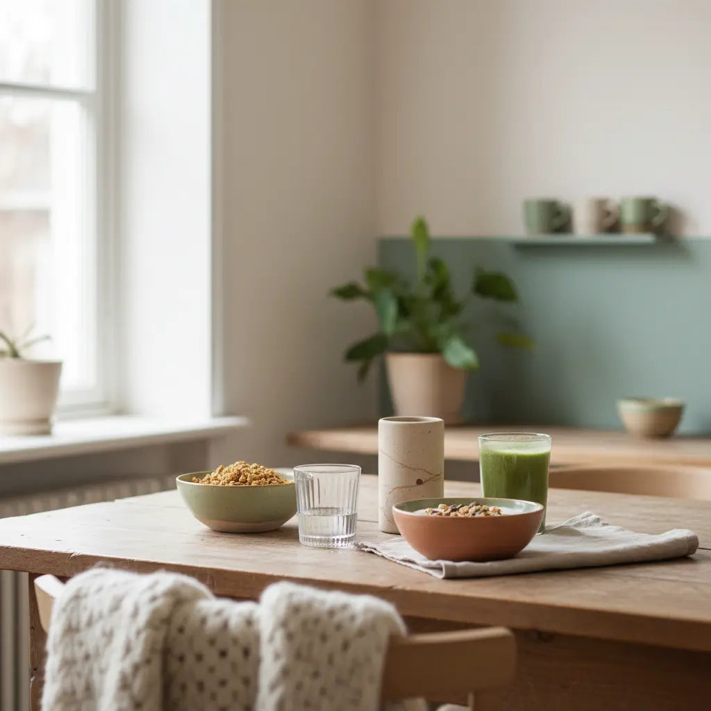 Frühstück mit Granola, pflanzlichem Joghurt, Nüssen und Shake in Keramikschalen auf nachhaltigem Tisch – pflanzliche Lebensmittel im Morgenlicht.