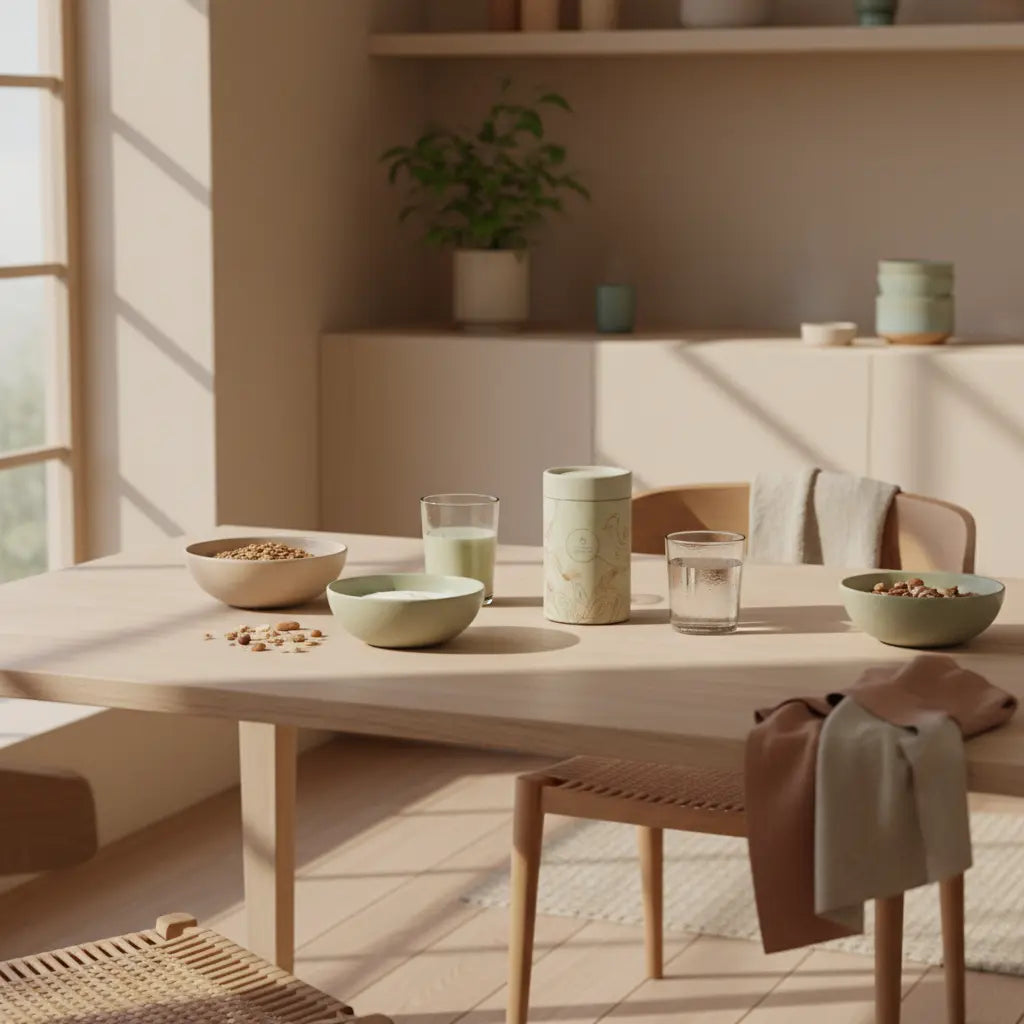 Minimalistisches Frühstück mit Granola, pflanzlichem Joghurt, Nüssen und Shake in heller europäischer Küche, warme Morgenstimmung und Fokus auf pflanzliche lebensmittel.