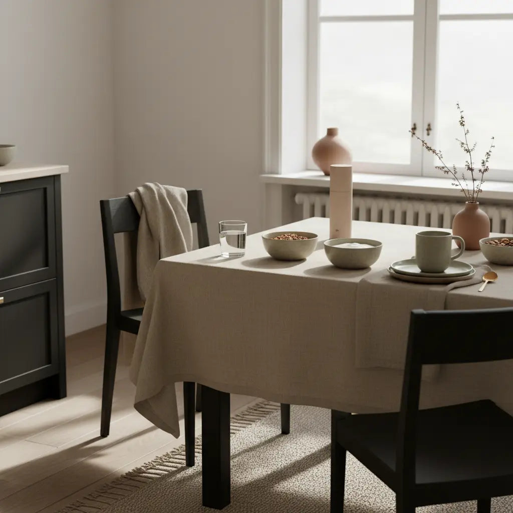 Minimalistisches Frühstück mit pflanzliche Lebensmittel: Granola, Joghurt, Nüsse und Protein-Shake in keramischer Tasse auf nachhaltigem Tisch, klare Morgenbeleuchtung, woll- und leinenakzente