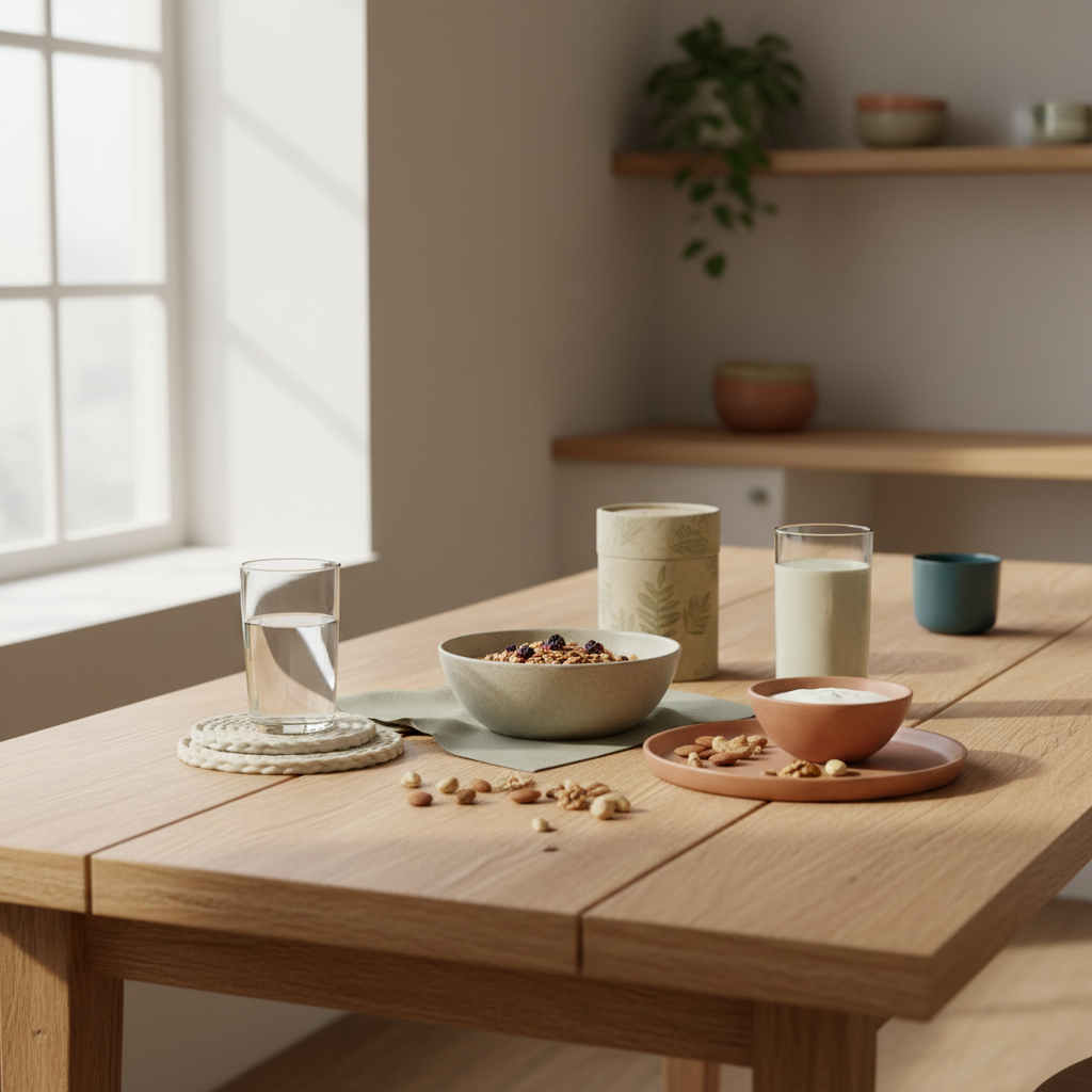 Minimalistisches Frühstück mit Granola, Joghurt-Alternative, Nüssen und Shake auf salbeigrün-beigem Tisch – pflanzliche proteinquellen im nachhaltigen Vegardians-Stil