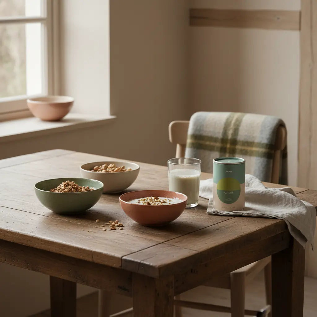 Minimalistisches Frühstück mit pflanzlichem Joghurt, Granola, Nüssen und Shake auf nachhaltigem Holztisch – Fokus auf pflanzliche proteinquellen und ruhige Morgenstimmung.