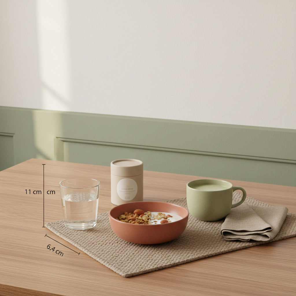 Minimalistisches Frühstück mit Granola, Pflanzenjoghurt, Nüssen und pflanzliches eiweiß Shake in europäischer Küche vor pastellbeigem Hintergrund #F7EDE6