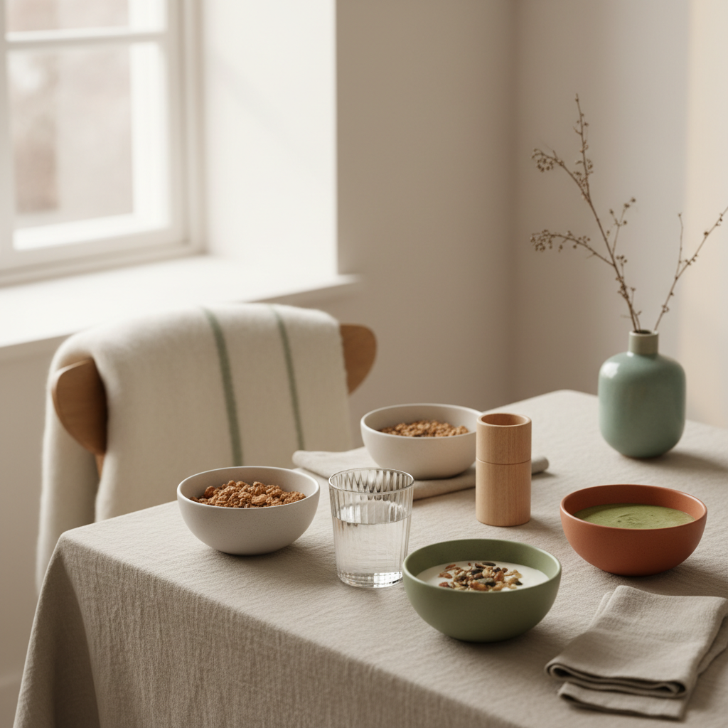 Minimalistischer Frühstückstisch mit Granola, Joghurt, Nüssen und Shake in einer europäischen Küche mit natürlichen Texturen und Morgenlicht — pflanzliches eiweiß gemüse