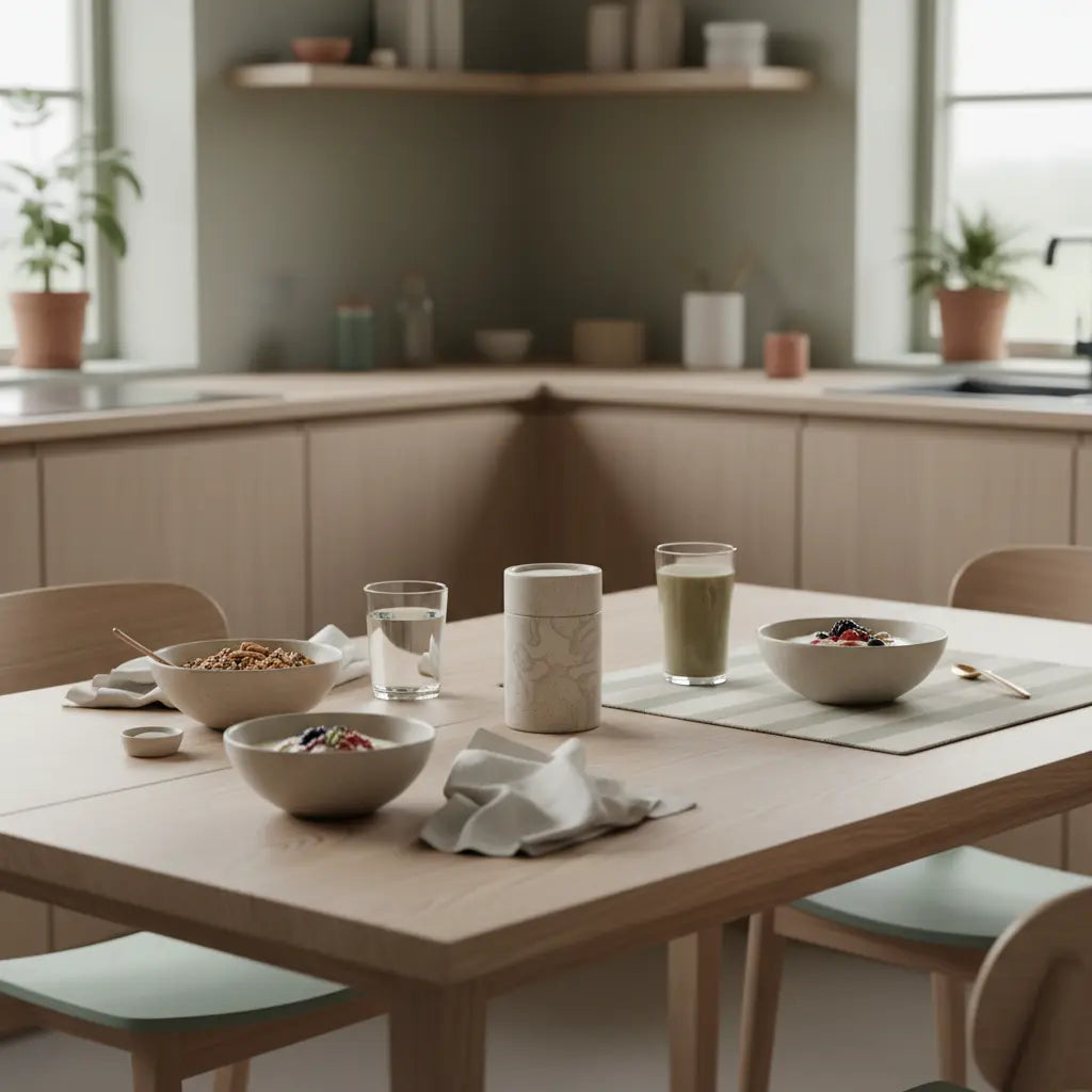 Minimalistisches nachhaltiges Frühstück mit Granola, Joghurt-Alternative, Nüssen und Shake in einer europäischen Küche, Fokus auf pflanzliches eiweiß nieren