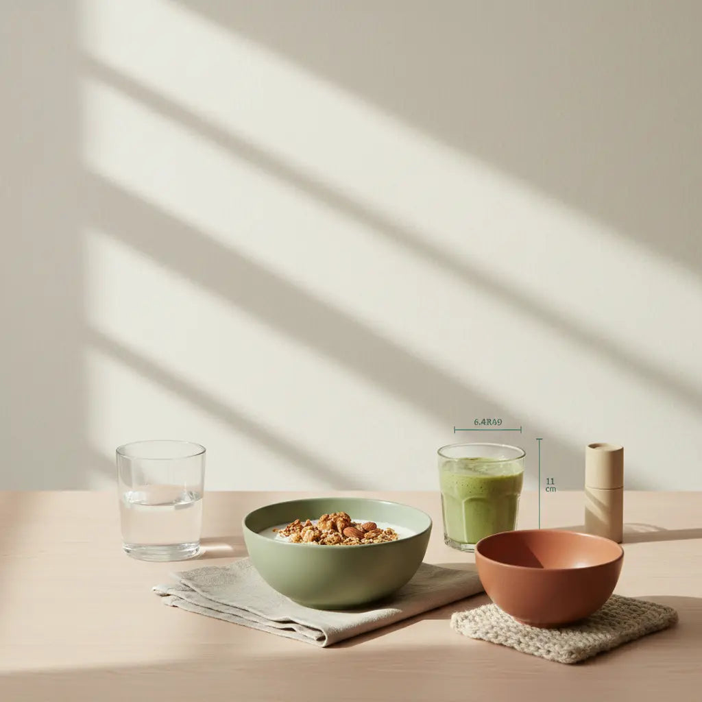 Ruhiges, minimalistisches Frühstück mit Granola, Joghurt, Nüssen und Shake in einer europäischen Küche – Fokus auf pflanzliches protein in beige‑salbei Farbwelt.