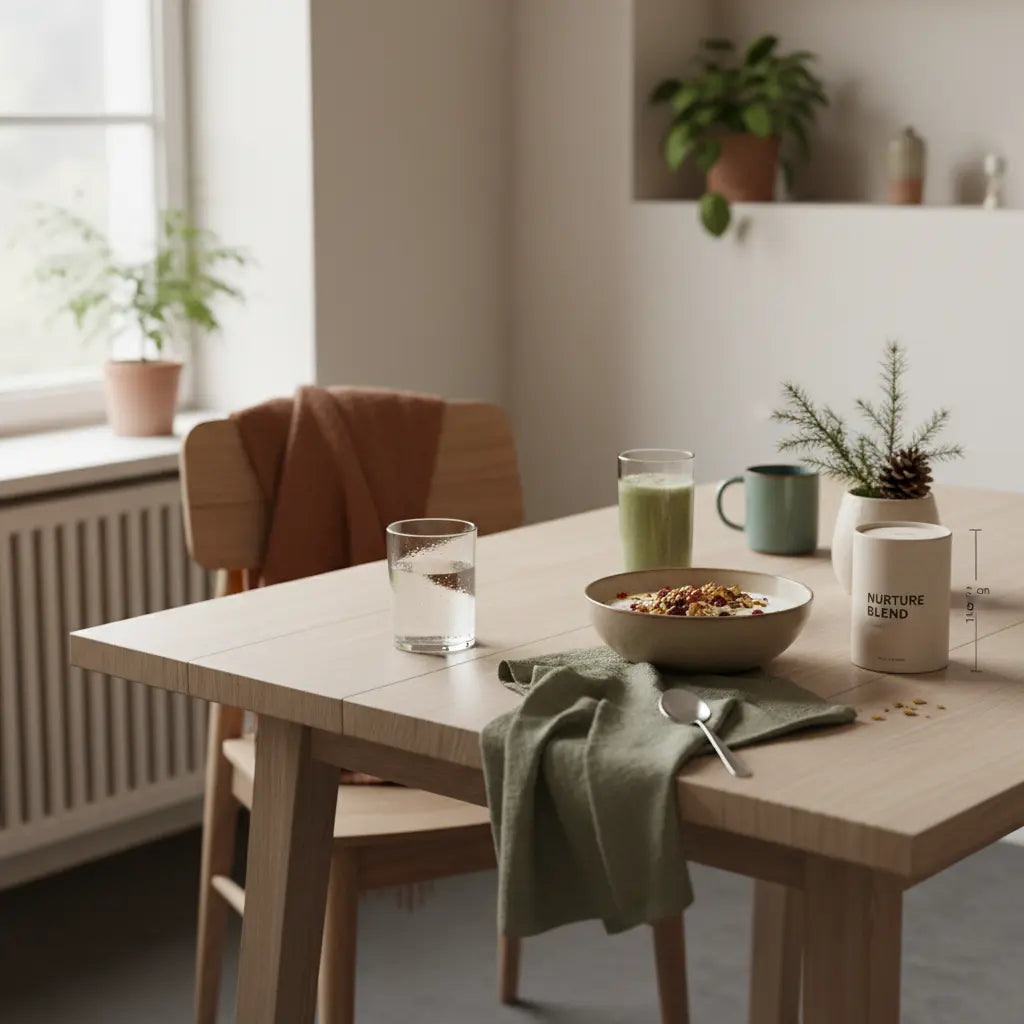 Minimalistisches Frühstück in europäischer Küche mit Granola, Joghurt, Nüssen und Shake auf nachhaltigem Tisch – pflanzliches Protein für Muskelaufbau sichtbar