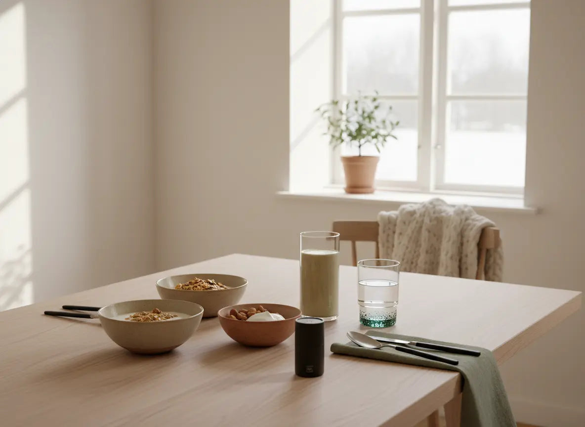 Minimalistische Frühstücksszene mit Granola, Joghurt, Nüssen und veganem Shake, das Produkt für pflanzliches protein nieren auf einem sauberen Tisch vor beigem Hintergrund #F7EDE6.