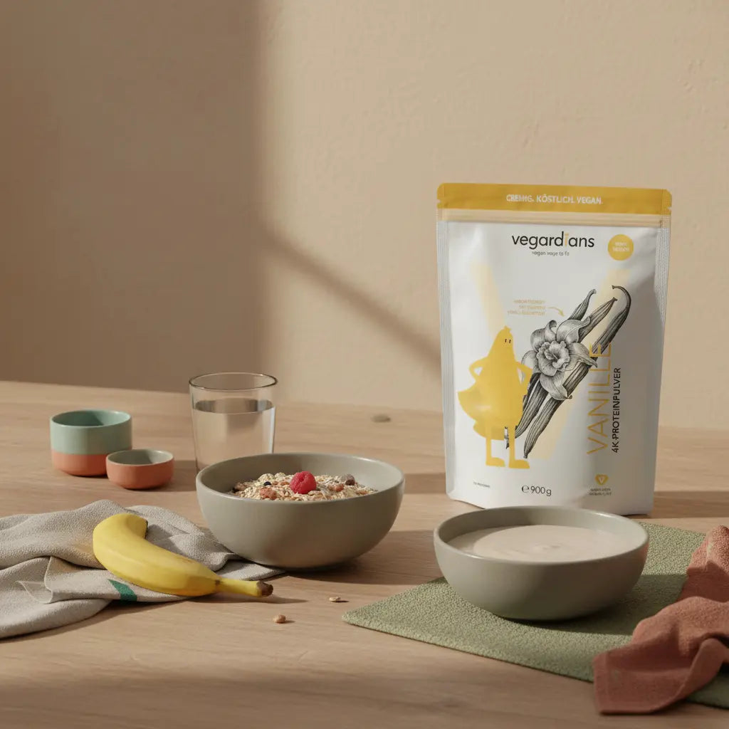 Pre-Workout Mahlzeit: Schale Hafer mit Banane, Glas Wasser und pflanzlicher Shake auf nachhaltigem Holztisch im sanften Morgenlicht, minimalistisch, Vegardians-Ästhetik.