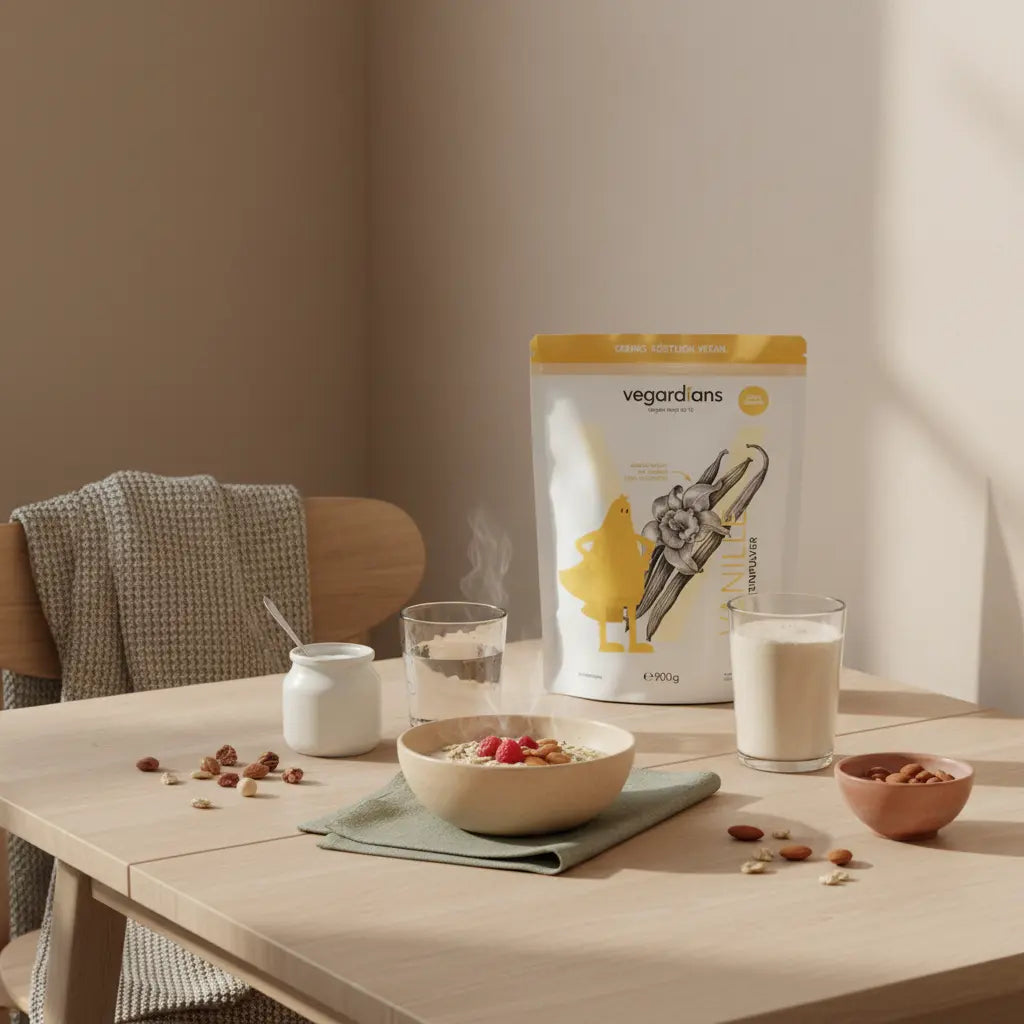 Sanfte Morgenlicht-Küchenszene mit nachhaltigem Holztisch, lauwarmer Hafer‑Bowl, Glas Wasser, veganem Joghurt, Nüssen und einem Probiotika-Produkt dezent auf dem Tisch in erdigen Farben.