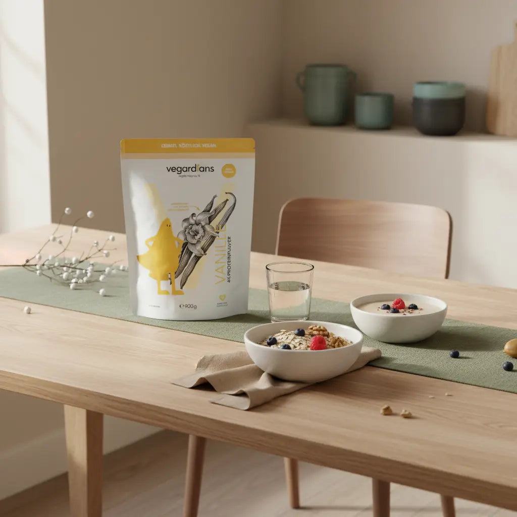 Minimalistische Morgenszene: nachhaltiger Holztisch mit Glas Wasser, Haferflocken, Beeren, Nüssen und veganem Shake; Produkte zum Abnehmen dezent platziert.