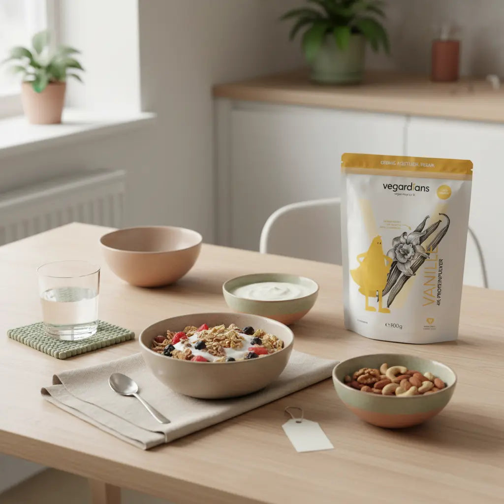 Minimalistisches Frühstück mit proteinreichem veganem Müsli, Pflanzenjoghurt, Nüssen und Wasserglas auf nachhaltigem Holztisch im Morgenlicht, ideal für protein zum abnehmen
