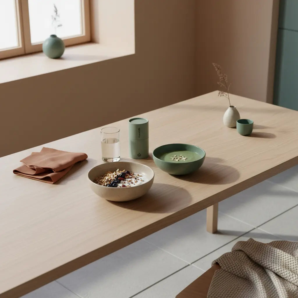 Veganes Morgenfrühstück mit Granola, Joghurt, Nüssen und Shake in minimalistischer, nachhaltiger Küche, Fokus auf proteinbedarf 70 kg