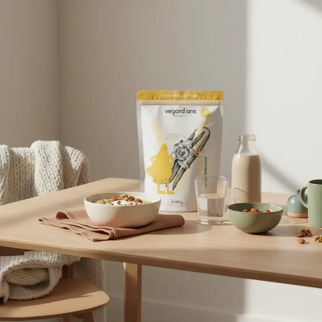 Vegane, proteinreiche Frühstücksbowl mit Hafer, Sojajoghurt, Nüssen und neutralem Shake auf nachhaltigem Holztisch in europäischer Küche bei sanftem Morgenlicht – proteinbedarf frau muskelaufbau