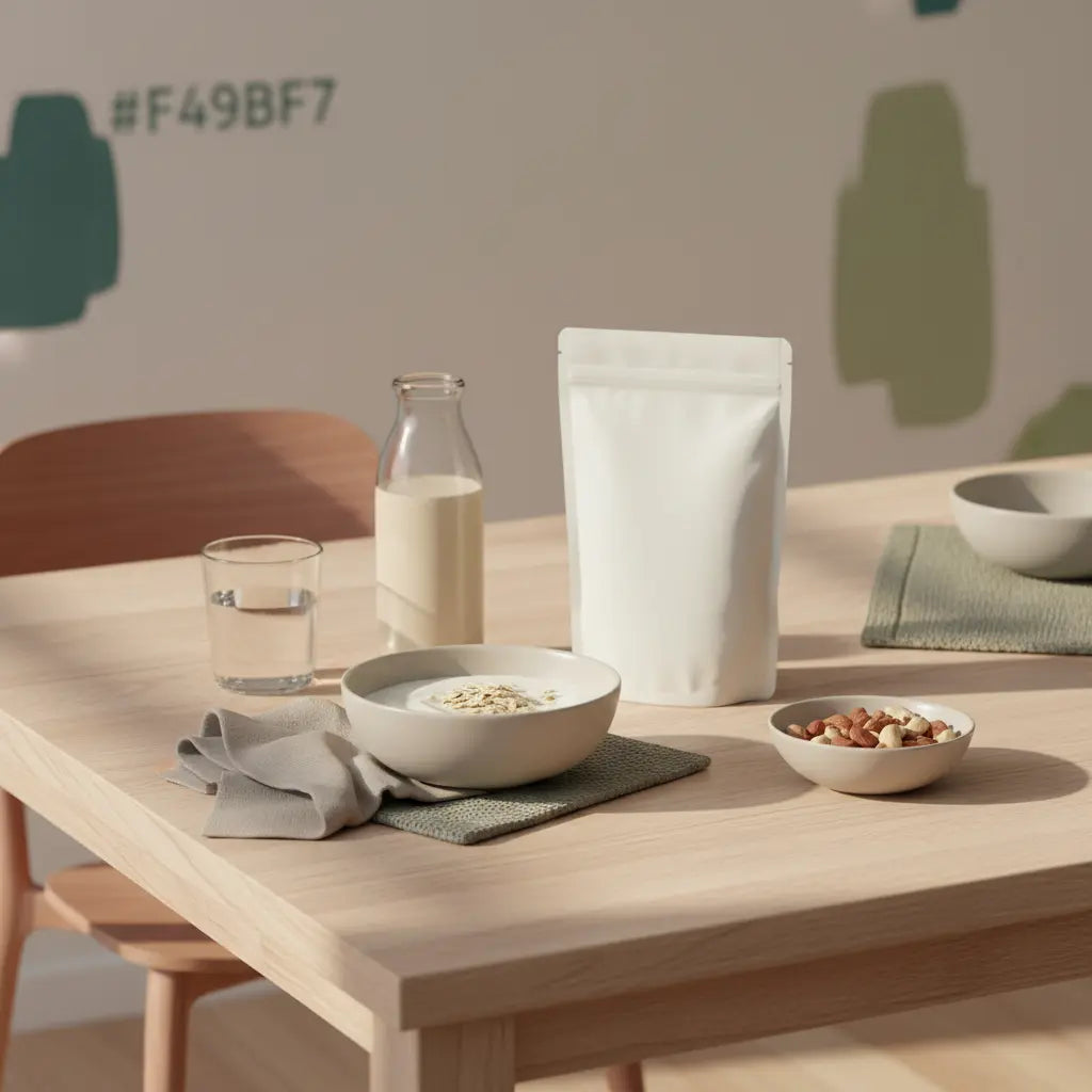 Morgendliche europäische Küchen-Szene mit nachhaltigem Holztisch, Joghurt, Nüssen, Hafer und Proteinshake – visualisierung für proteinreiche ernährung zum abnehmen