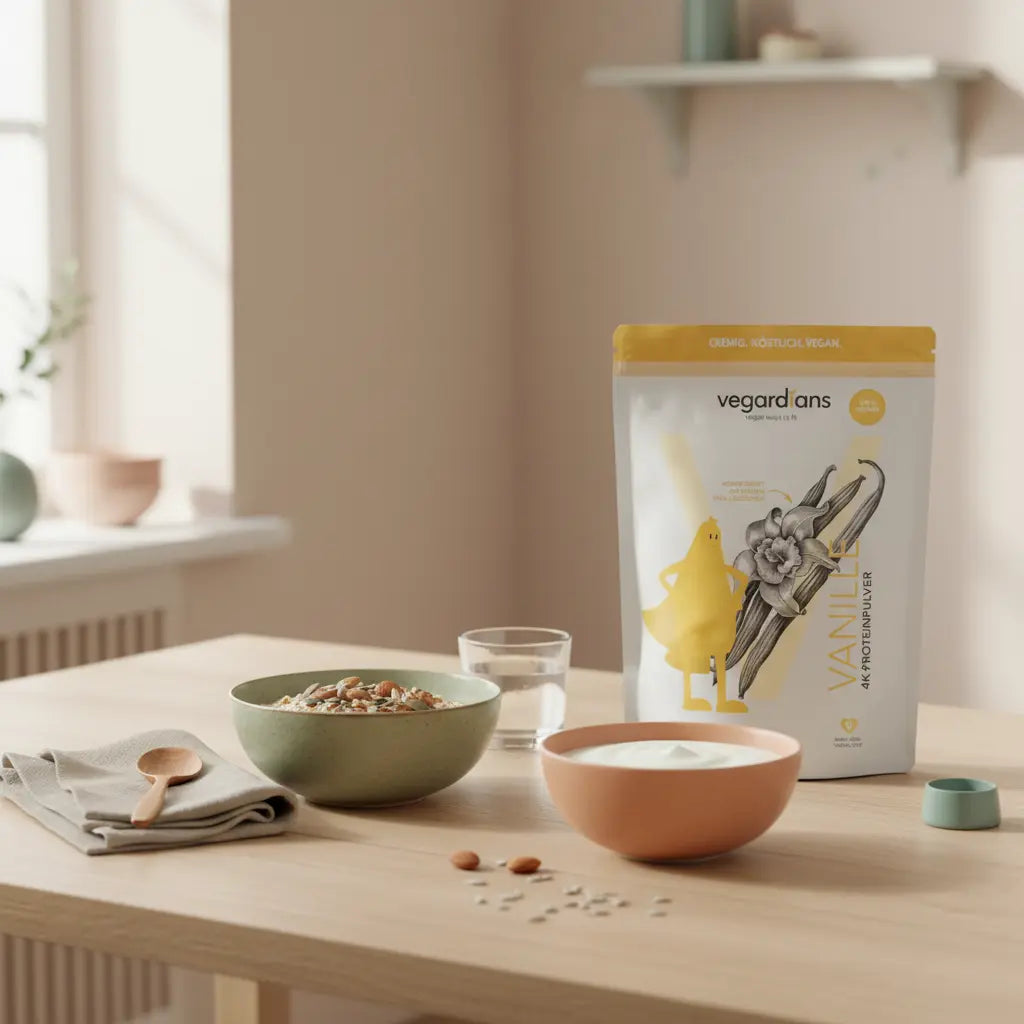 Veganes Frühstück mit Haferbrei, Nüssen, Soja‑Joghurt und Proteinshake auf nachhaltigem Holztisch in ruhiger Morgenstimmung – proteinreiche gerichte