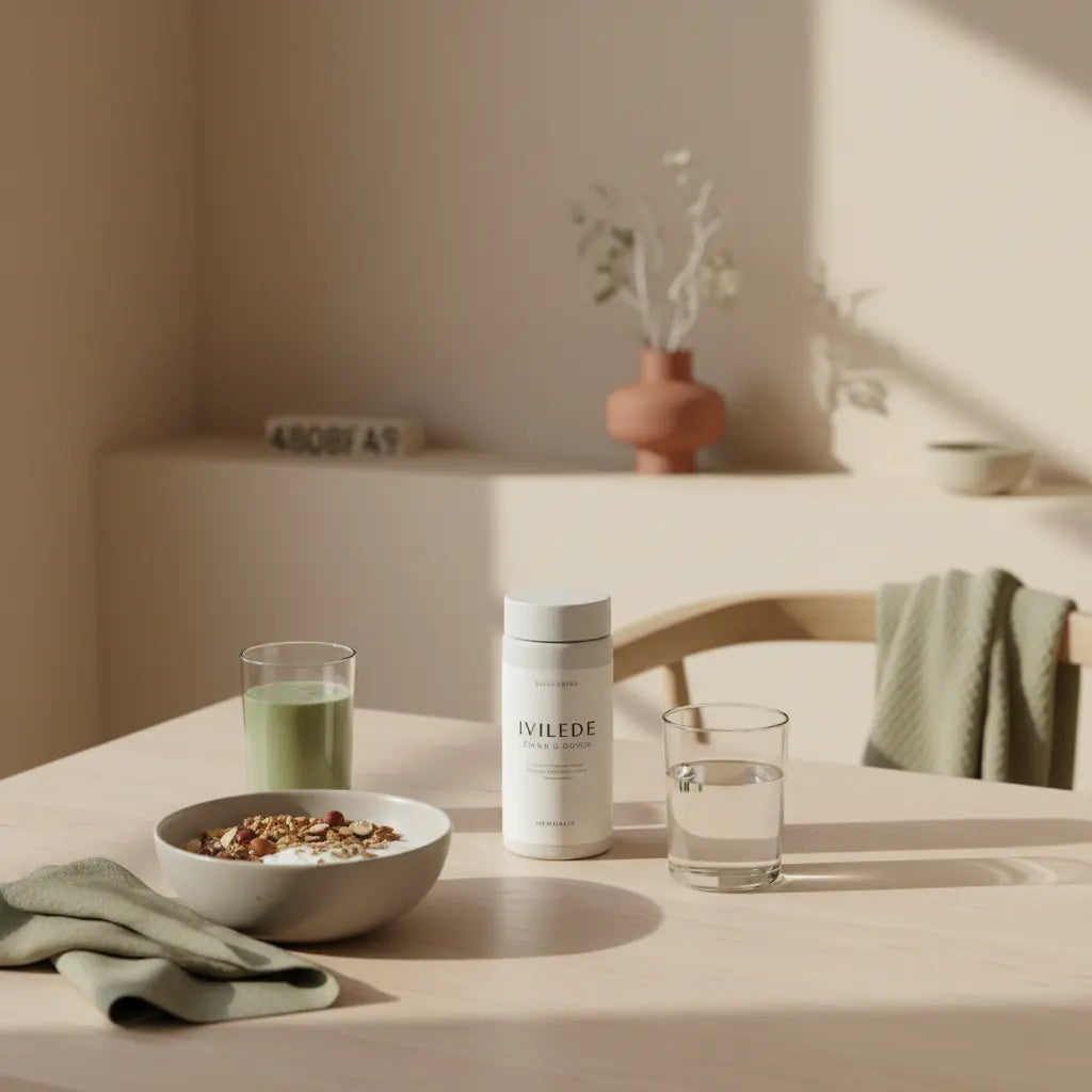 Minimalistische Frühstücksszene mit Granola, Joghurt, Nüssen und Shake im warmen Morgenlicht auf nachhaltigem Tisch – Fokus auf proteinreiche Lebensmittel.