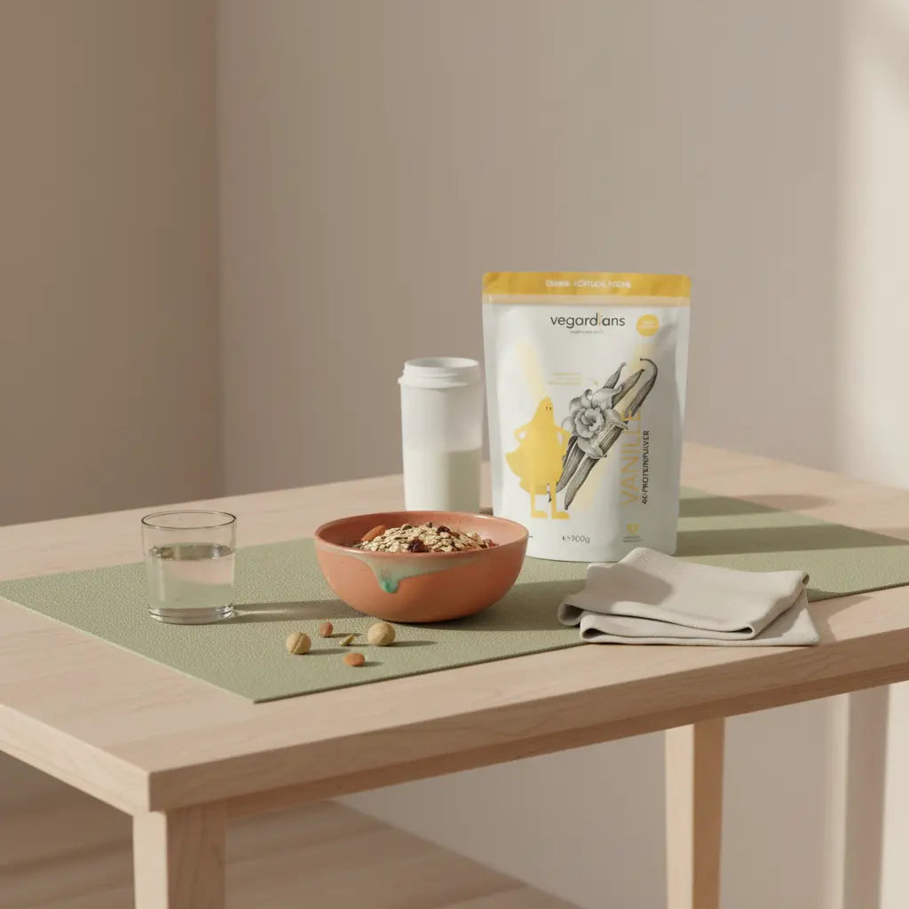 Minimalistische Morgen-Szene in europäischer Küche mit nachhaltigem Holztisch, Glas Wasser, Müsli, Nüssen, pflanzlichem Shake und Proteinriegel zum abnehmen.