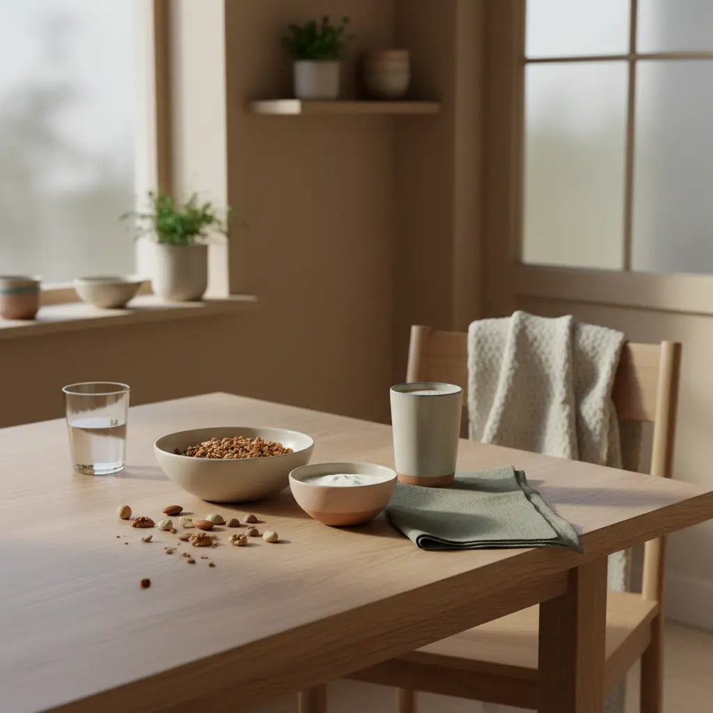 Minimalistischer Frühstückstisch mit Granola, Joghurt, Nüssen und Proteinshake zum Abnehmen in Keramik vor #F7EDE6 Hintergrund, nachhaltiges, ruhiges Morgenlicht.