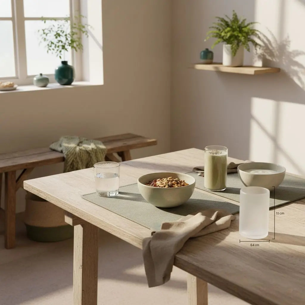 Minimalistisches Frühstück in europäischer Küche mit veganer Granola, Joghurt und Shake — Proteinshake zum Abnehmen im Vordergrund, ruhige erdige Farben.