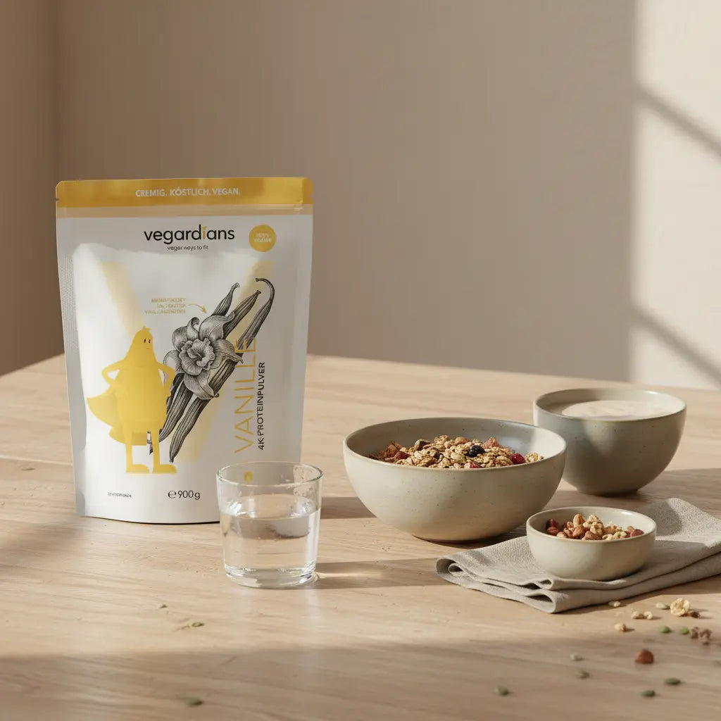 Minimalistische Morgenszene mit Holztisch, Glas Wasser, Müslischale, Nüssen und proteinshake zum abnehmen in Keramik, winterliche Wollakzente, erdige Farbpalette