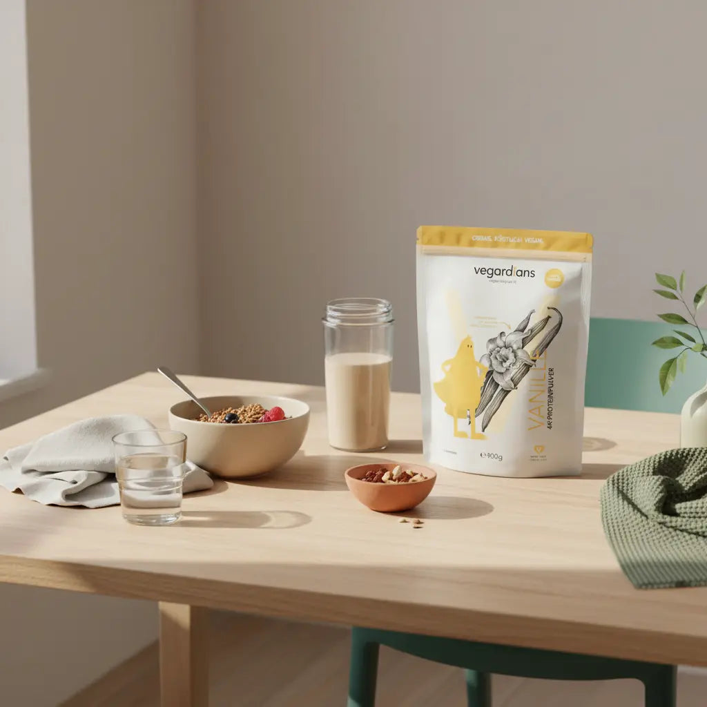 Minimalistische Frühstücksszene mit Proteinshake-Glas, Müsli und Wasser auf nachhaltigem Holztisch – Proteinshakes abnehmen.