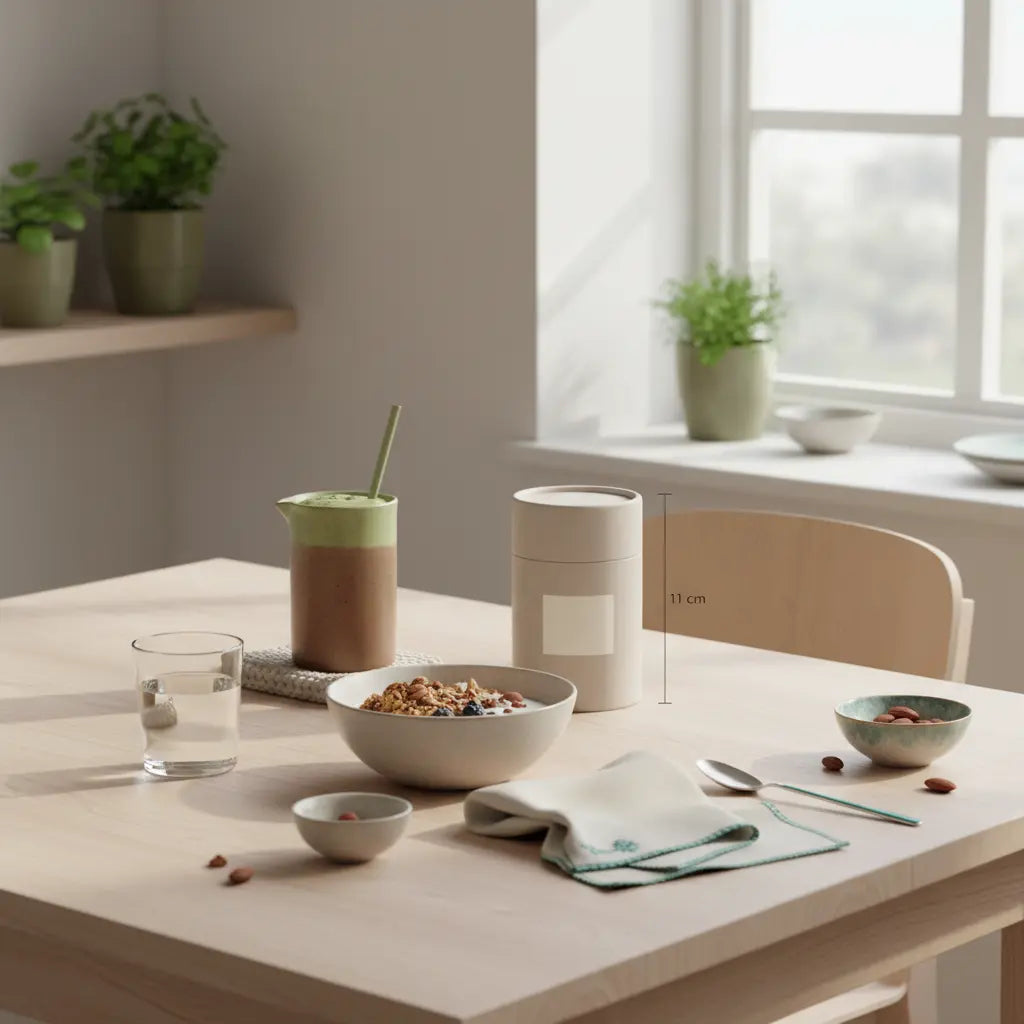 Minimalistisches Frühstück mit Granola, Joghurt, Nüssen und Shake in irdenem Becher auf hellem Küchentisch – Proteinshakes abnehmen, ruhige nährende Morgenstimmung.