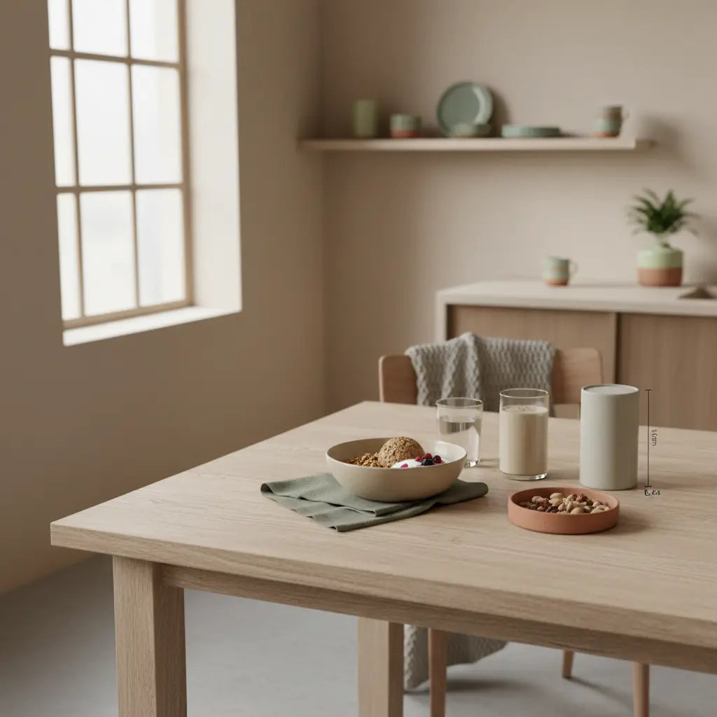 Minimalistische Frühstücksszene in einer europäischen Küche mit veganem Protein-Shake-Glas, Müsli, pflanzlichem Joghurt und Nüssen auf Holztisch – proteinshakes muskelaufbau