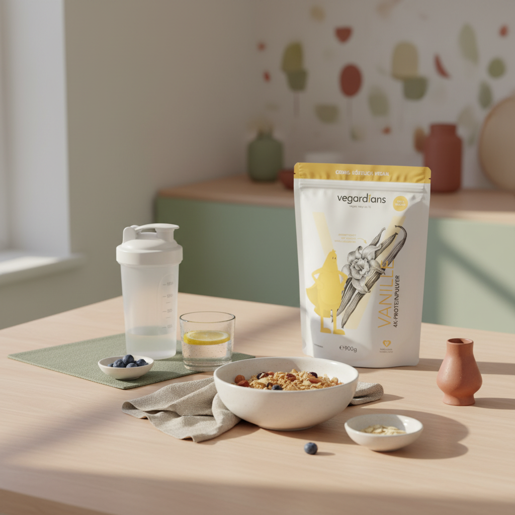 Minimalistische Frühstücksszene mit nachhaltigem Holztisch, Müsli, Glas Wasser, offenem pflanzlichem Proteinpulver und geschlossenem Shaker – Proteinshakes Muskelaufbau