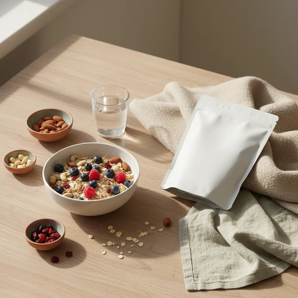 Minimalistische europäische Küchenszene mit Müsli, Glas Wasser und Proteinshake auf Holz­tisch im Morgenlicht – Proteinshakes zum Abnehmen