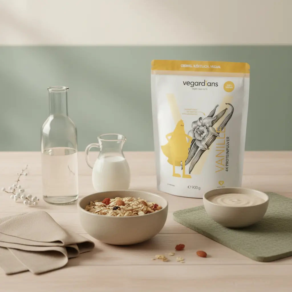 Minimalistisches Frühstück auf Holztisch mit Müsli, Pflanzenmilch, Wasser und Proteinshake in Keramikschale – proteinshakes zum abnehmen