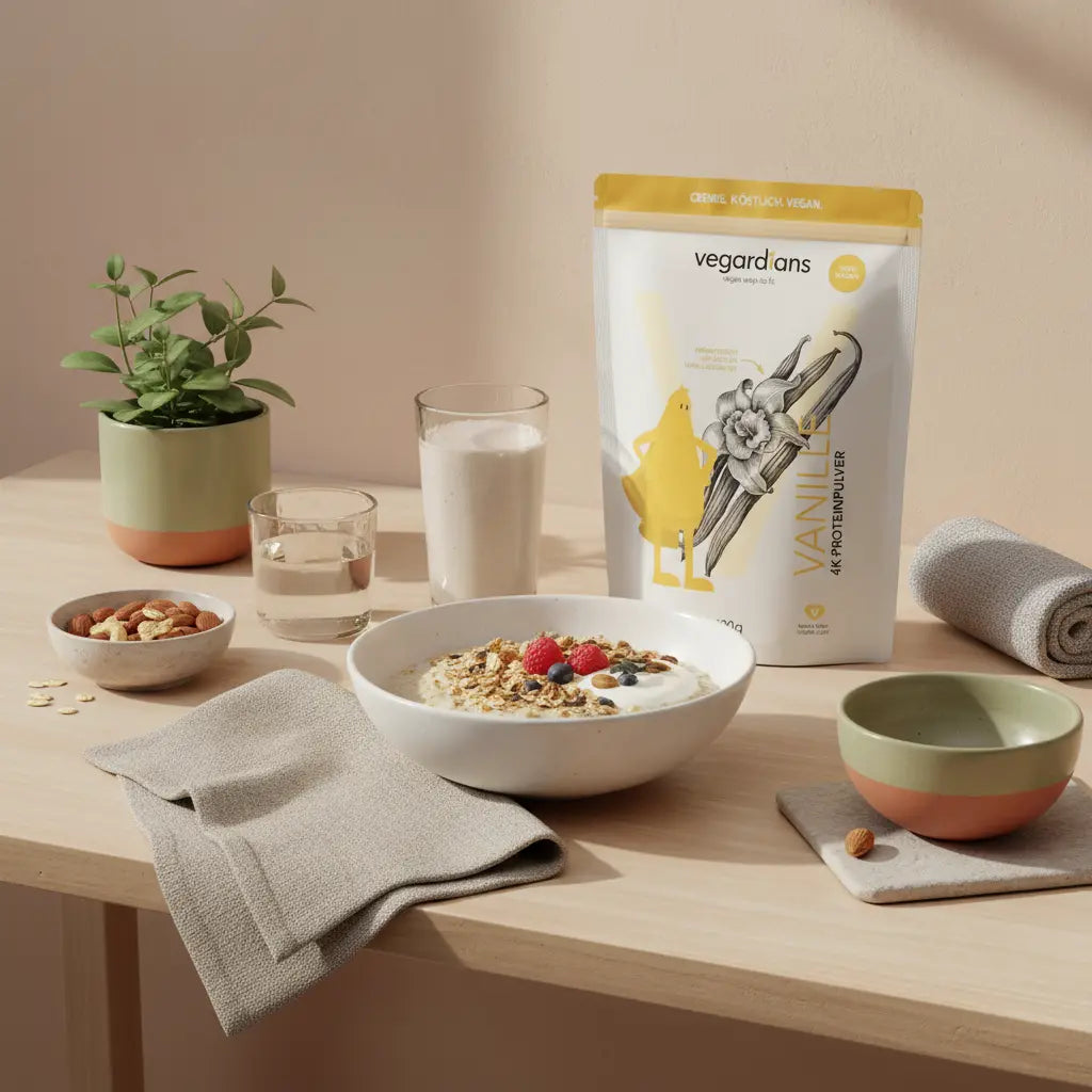 Vegane proteinreiche Frühstücksszene mit Shake, Müsli und dem Produkt aus den Referenzfotos auf nachhaltigem Tisch – Fokus Proteinzufuhr Bodybuilding