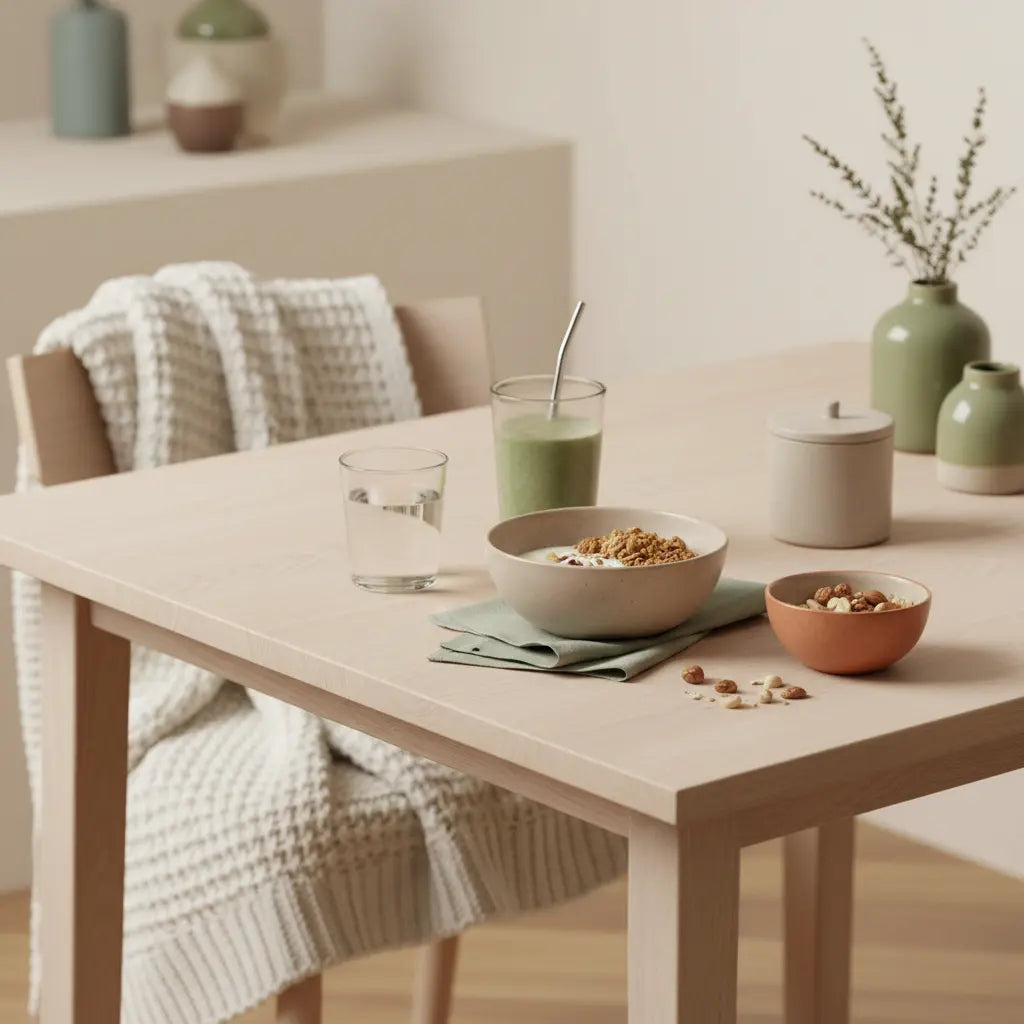 Minimalistisches Morgenfrühstück in europäischer Küche: veganer Granola-Joghurt, Nüsse, Shake und klares Wasser auf nachhaltigem Tisch mit Woll- und Leinenakzenten — Psyche stärken