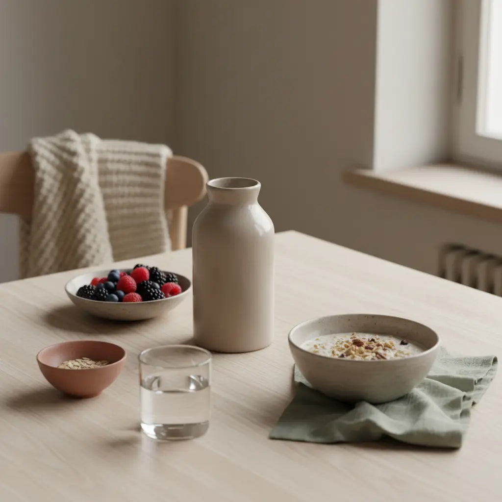 Minimalistische europäische Küche am Morgen mit Hafer‑Bircher, Beeren, Glas Wasser und Proteinshake-Produkt auf Holztisch, bewusst nährend, realistisch abnehmen 4 wochen