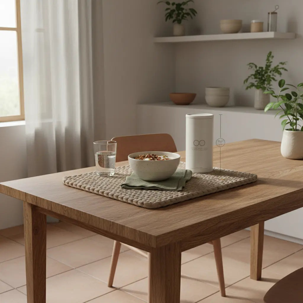 Minimalistisches Frühstück in europäischer Küche: nachhaltiger Tisch mit Glas Wasser, Granola mit pflanzlichem Joghurt, Nüssen und Shake – realistische Trainingsziele setzen