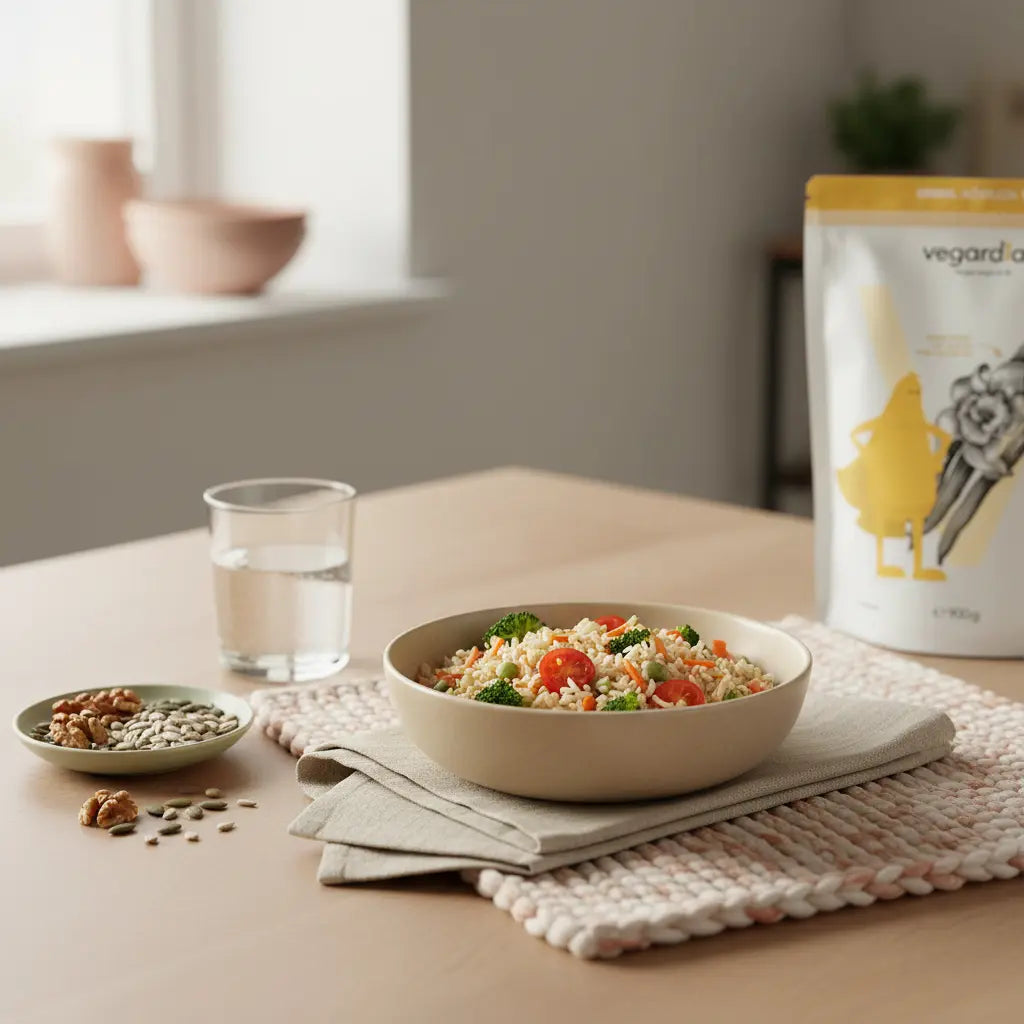 Schale mit Vollkornreis, frischem Gemüse und Glas Wasser auf nachhaltigem Holztisch im Morgenlicht – Konzept: reis abnehmen