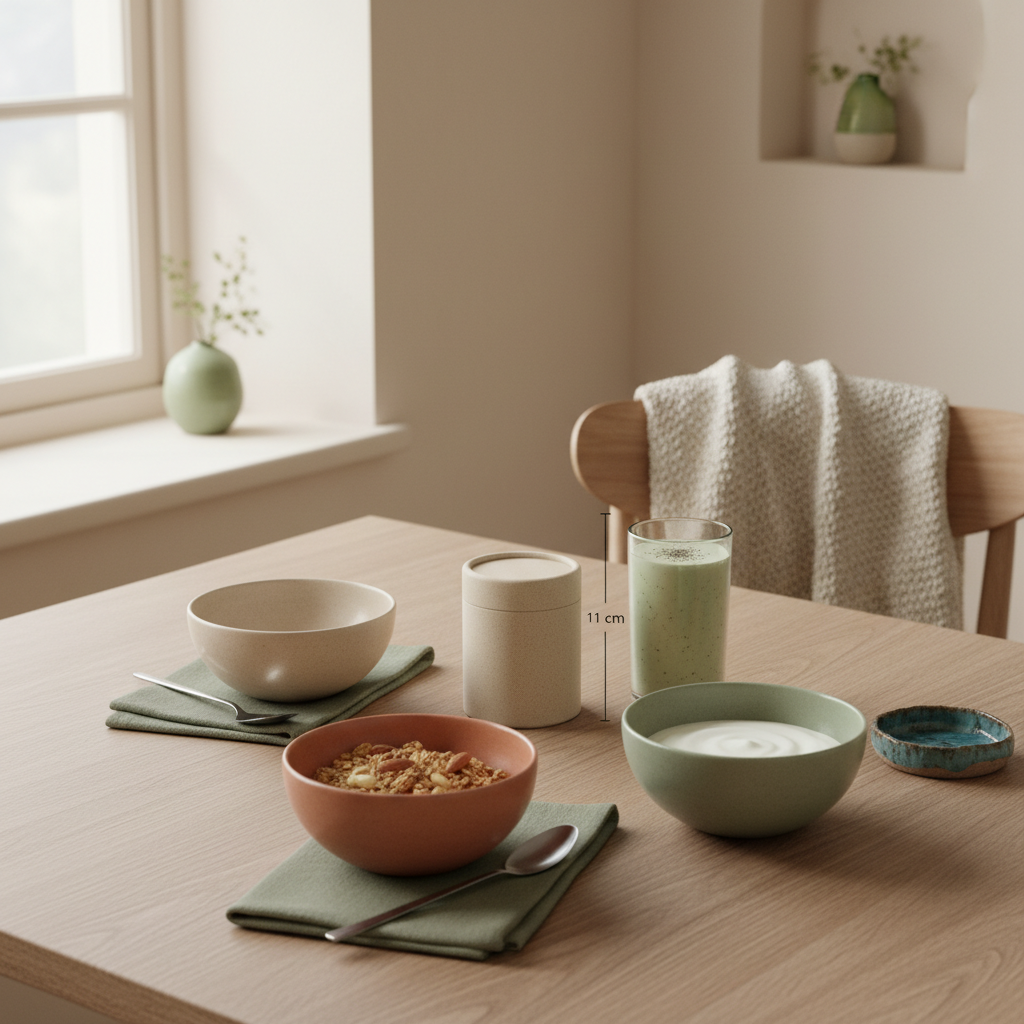 Nachhaltiges Frühstück mit Granola, Joghurt, Nüssen und Reis Protein Shake auf einem minimalistischen Tisch in heller, ruhiger Küchenkulisse.