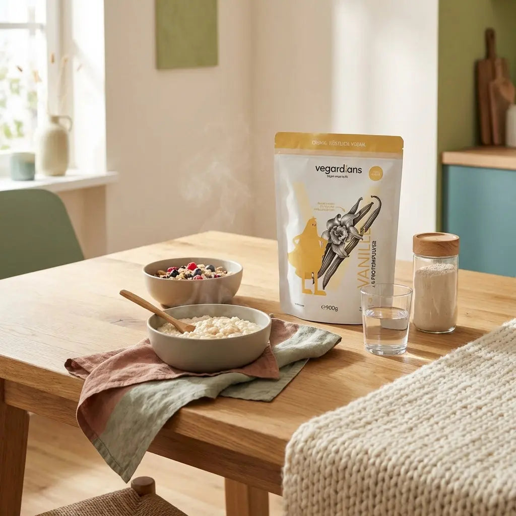 Minimalistische europäische Küchenaufnahme: Holztisch mit Keramikschale Reispudding, Müsli, Glas Wasser und neutralem Shaker im sanften Morgenlicht