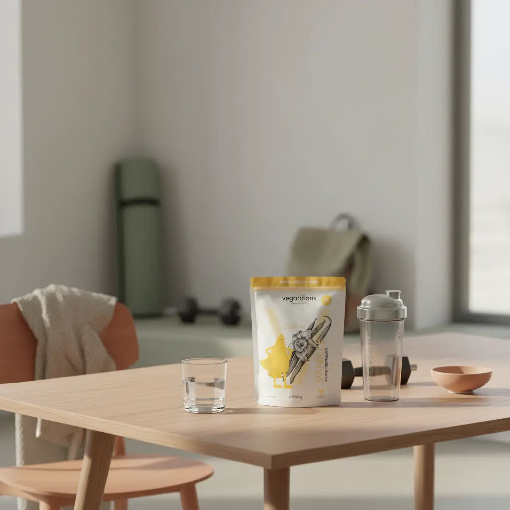 Minimalistische Heimtrainingsszene mit Holztisch, Glas Wasser, Shake und dem Produkt aus den Referenzfotos, im Hintergrund Yogamatte und Kurzhanteln – Rücken Muskelaufbau