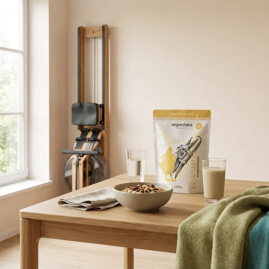 Rudergerät am Fenster für rudern mit minimalistischem Holztisch, Glas Wasser, Haferflocken, Nüsse und pflanzlichem Proteinshake im sanften Morgenlicht