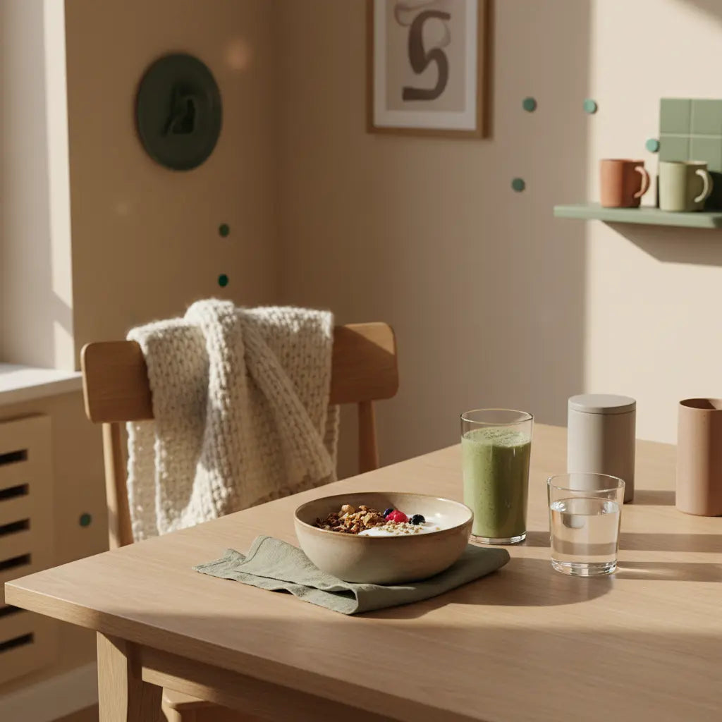 Veganer Frühstückstisch mit Granola, Joghurt, Nüssen und Shake in europäischer Küche, dezente saisonales Gemüse Oktober Deko, ruhige Morgenstimmung