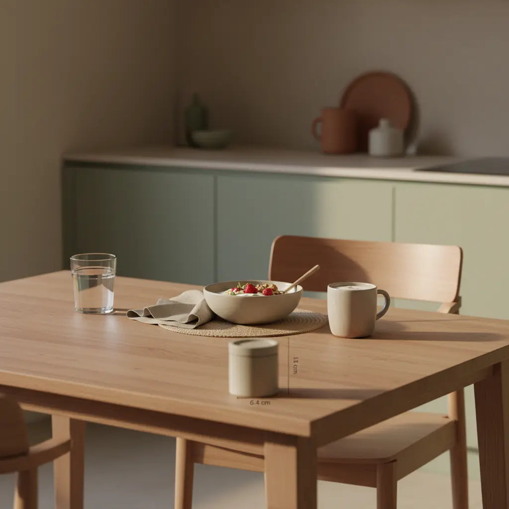 Minimalistisches Frühstück auf nachhaltigem Holztisch mit Haferflocken, Pflanzenjoghurt, Nüssen, Beeren und Proteinshake – inspirierend für schnell 10 kilo abnehmen