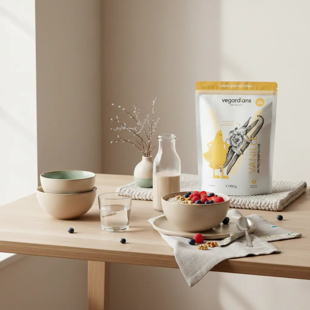 Minimalistische Morgen-Küchenszene mit nachhaltigem Holztisch, Glas Wasser, veganer Haferbrei mit Beeren, Shake in Glasflasche und Produkt aus Referenzfotos — schnell abnehmen 1 Monat