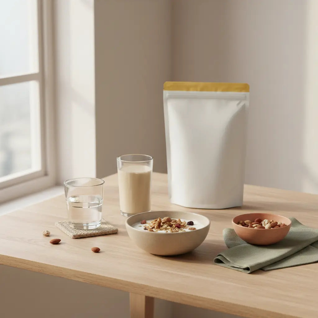 Minimalistisches veganes Frühstück auf Holztisch mit Glas Wasser, Joghurtalternative, Müsli, Nüssen, Proteindrink und Produkt – ruhiges Morgenlicht, schnell abnehmen 8 wochen