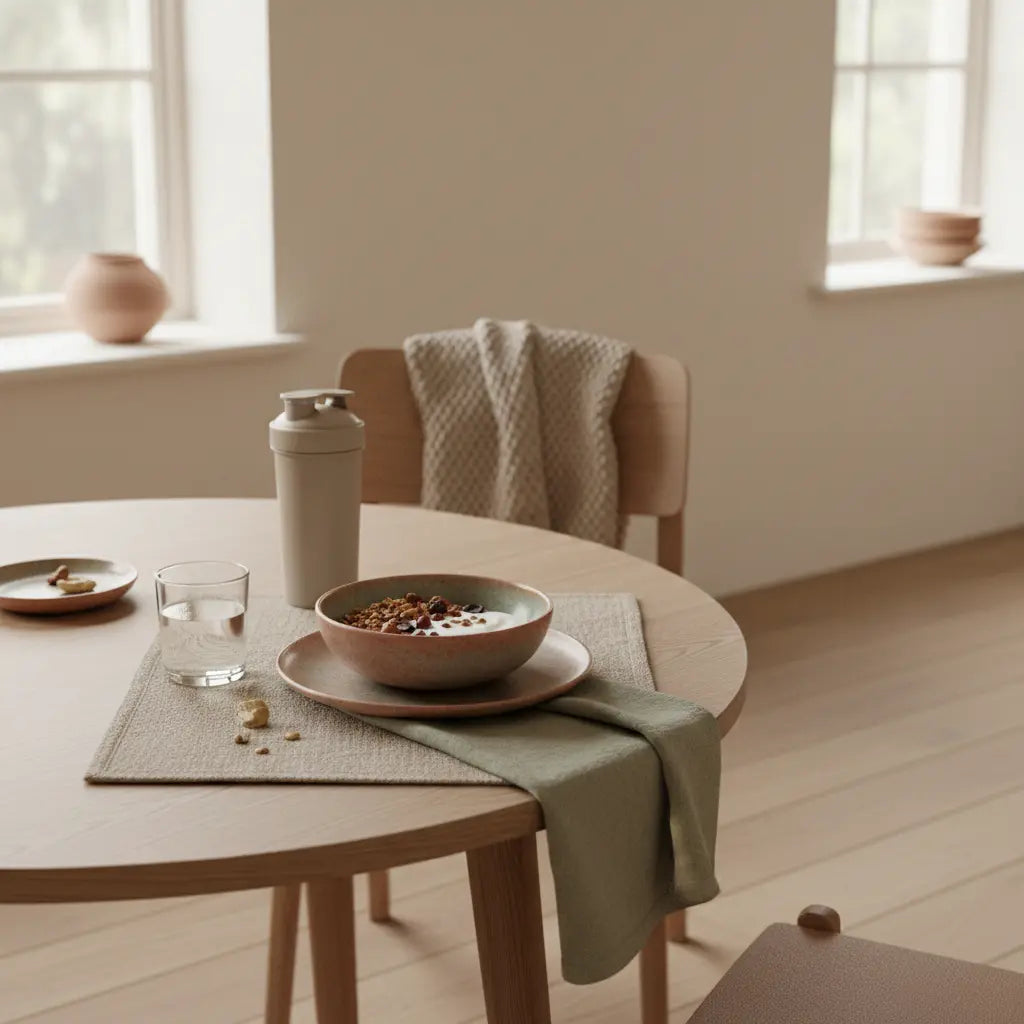 Minimalistisches Frühstück mit Granola, Pflanzenjoghurt, Nüssen und Shake auf nachhaltig gedecktem Tisch in hellem Morgenlicht, schnell abnehmen zu hause