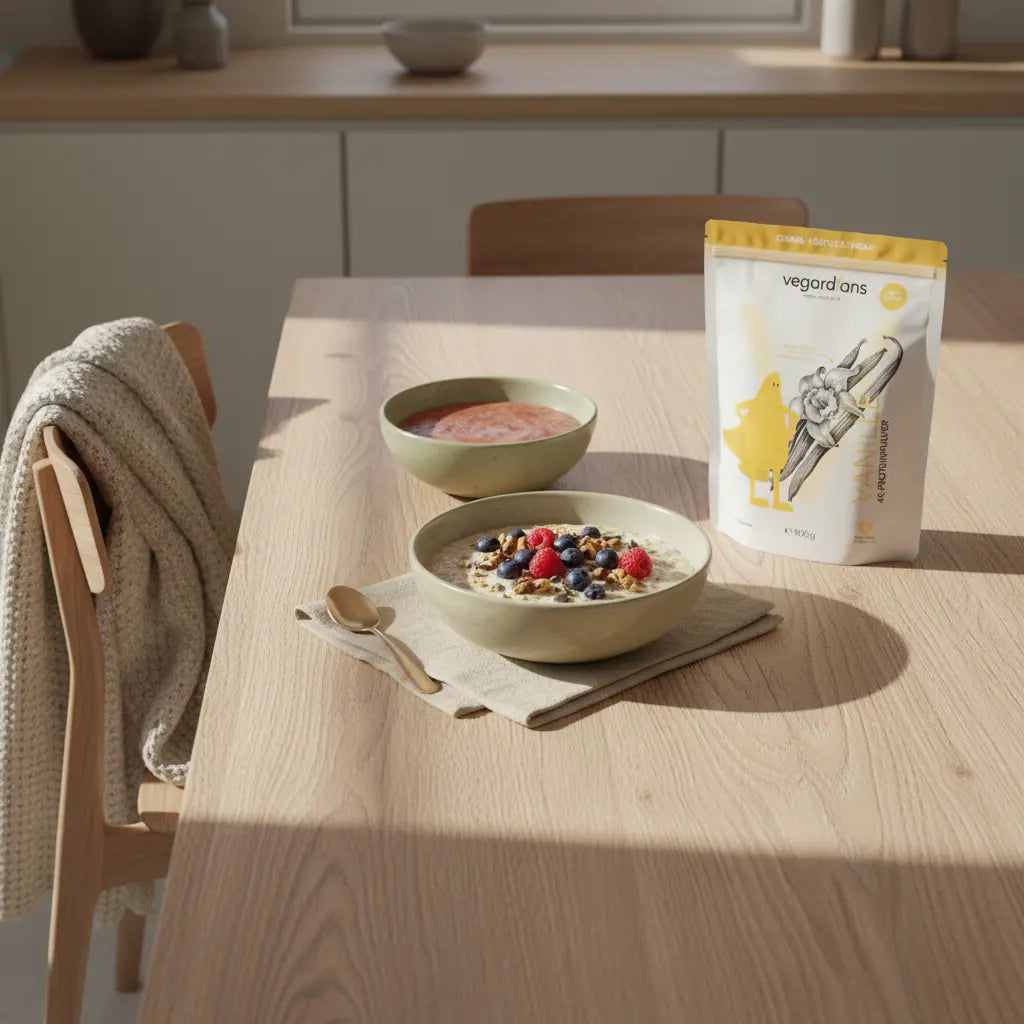 Veganer Frühstückstisch in sanftem Morgenlicht mit Haferbrei, Beeren, Nüssen und Proteinshake auf nachhaltigem Holztisch – Szene für schnell an den Beinen abnehmen